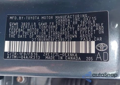 2015 Toyota Corolla Le from USA, damaged, VIN 2T1BURHE6FC395737